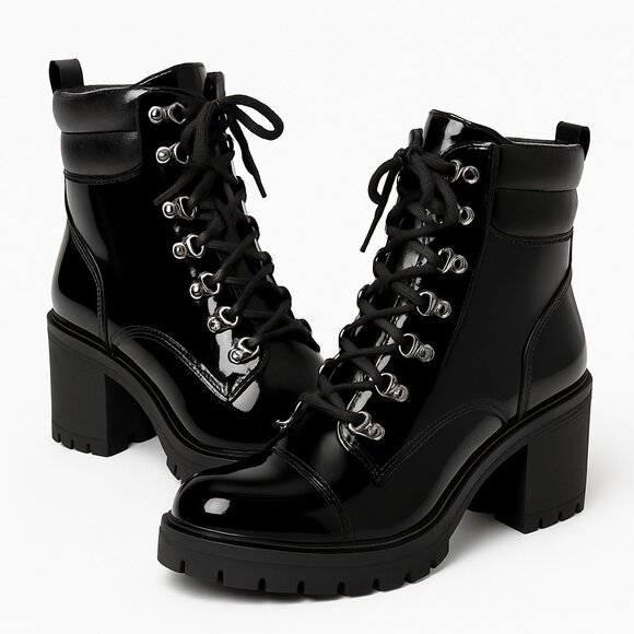 Marc Fisher Shoes - Marc Fisher Kachine Black Patent Hiker-Heel Combat Boots | Women’s 8.5M